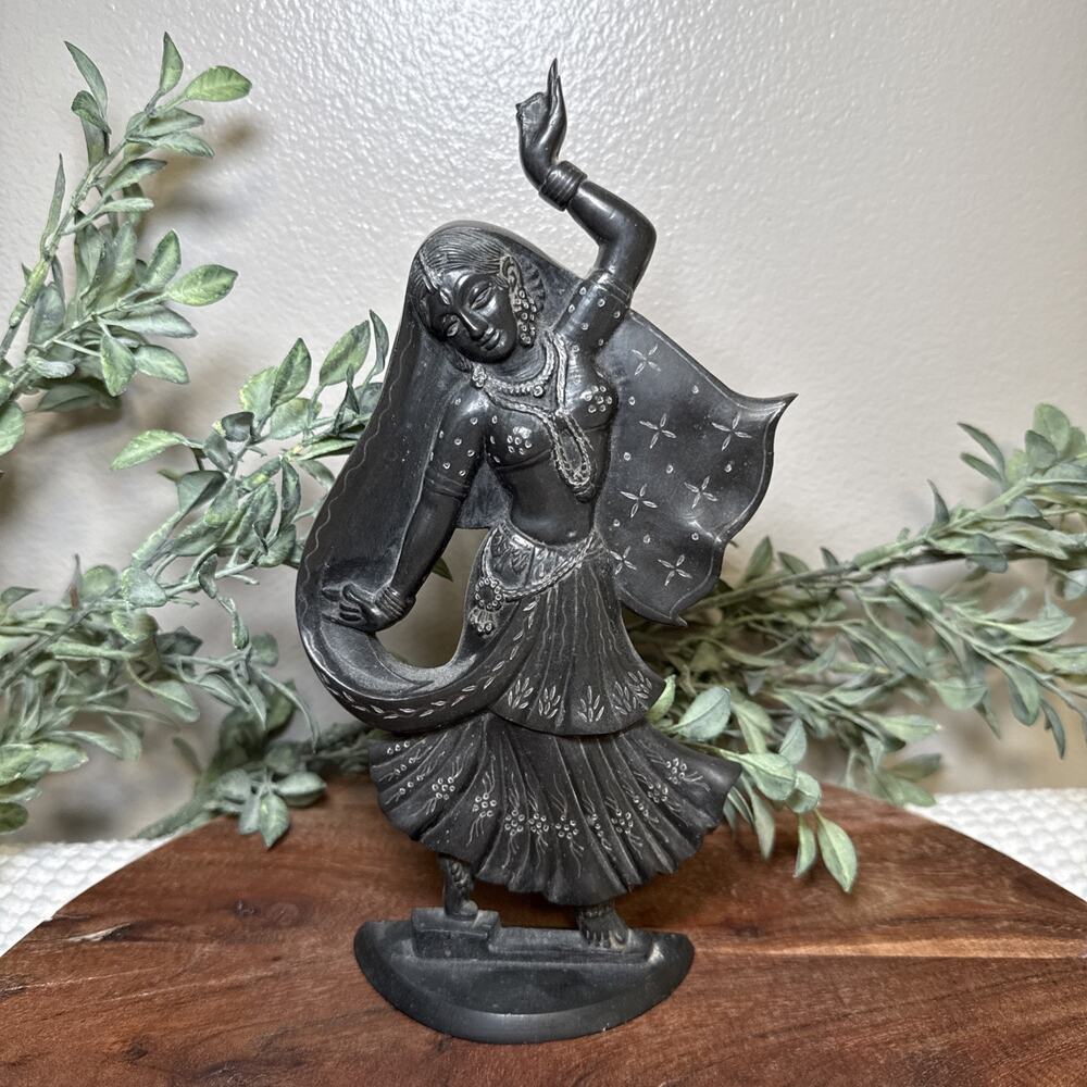 Vintage Indian Dancer Cast Metal Sculpture Figurine Black Art Deco Style 9.5”
